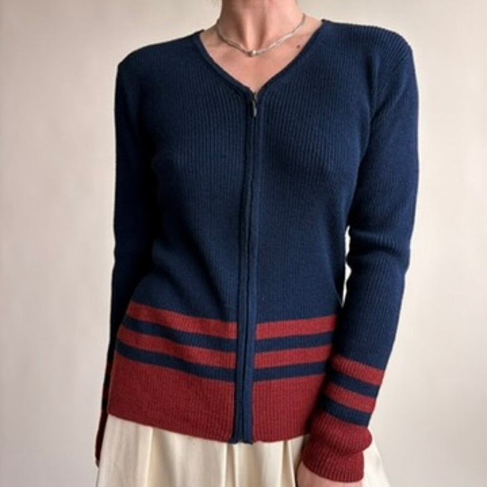 Jones & Co. Navy Zip Cardigan - Burgundy Stripes, Wool Blend, Size Small